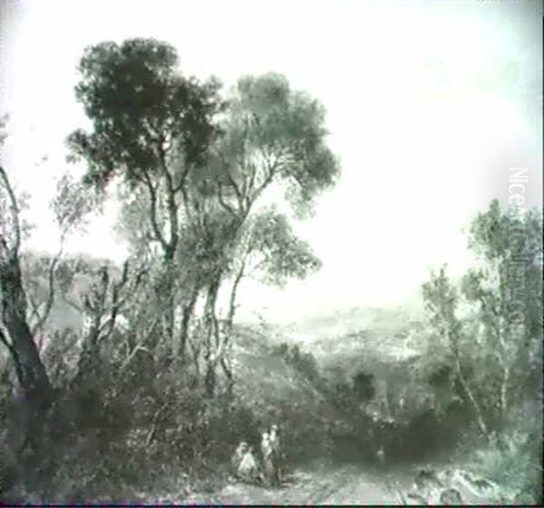 Figures Resting On A Country Path, An Extensive Mountainous Landscape Beyond - view 1