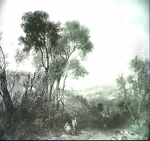 Figures Resting On A Country Path, An Extensive Mountainous Landscape Beyond by Thomas Creswick