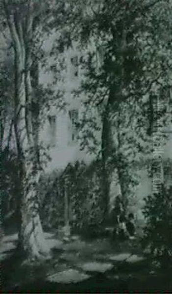 A Mother And Children In A Garden - view 1