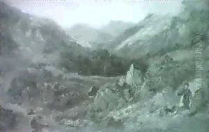 A Rocky North Of England Scenewith A Figure And Dog In The Foreground A Rocky North Of England Scenewith A Figure And Dog In The Foreground