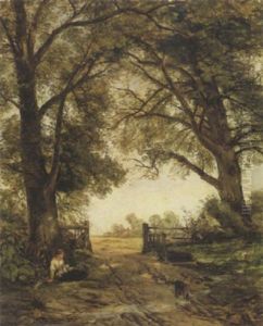 Girl And Dog On A Woodland Path by Thomas Creswick