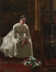 Model With Flowers In Artist's Atelier by Thomas Pollock Anschutz