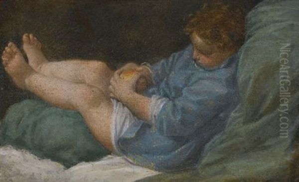 A Sleeping Boy Holding An Apple - view 1