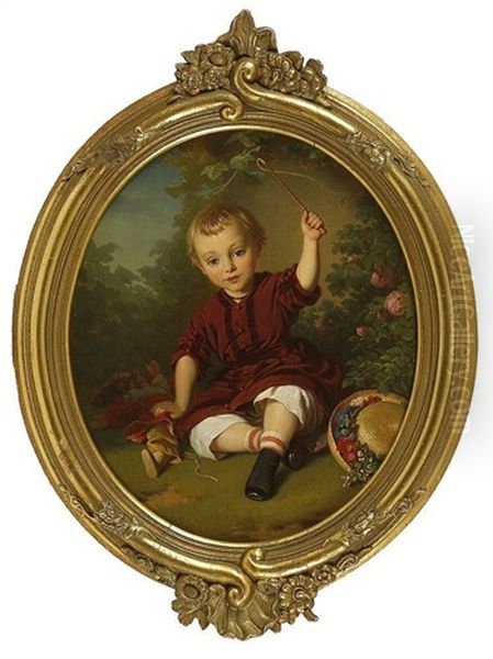 A Young Boy Playing With Punch Doll And Whip In A Garden - view 1