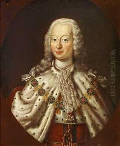 Christian Vi I Hermelinskabe Og Med Hosebandsordenen Samt Dronning Sophie Magdalene I Rod Velourkjole