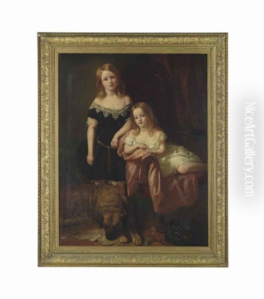Portrait Of Two Children With Their Dog In An Interior - view 1