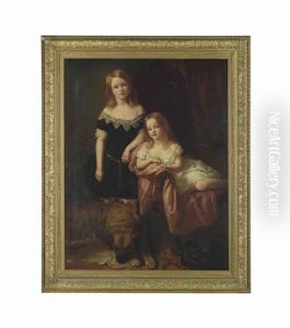 Portrait Of Two Children With Their Dog In An Interior by Hugh Ford Crichton