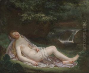 A Landscape With A Nude Female Figure Reclining, A Waterfallbeyond by Antoine Ansiaux
