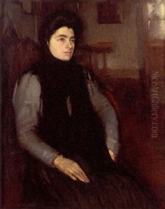 Portrait Of A Servant Girl In A Grey Dress, In An Interior by Frank E. F. Crisp