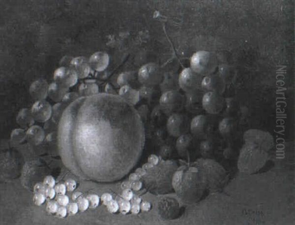 Still Life Of Grapes, Strawberries, Apples And Rasberries Displayed On A Ledge - view 1