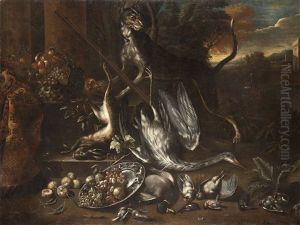 Still Life With Game, Dog And Fruit En Plein Air by Angelo Maria (Crivellone) Crivelli