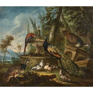Paon, Ara, Pintade Et Pigeons Pres D'une Fontaine by Angelo Maria (Crivellone) Crivelli