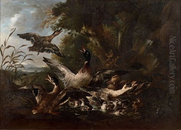 Paysage Avec Canards Et Canetons Effarouches - view 1