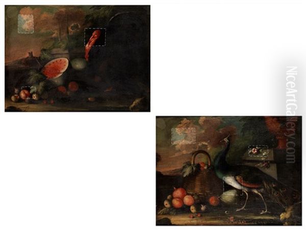 Fruchtestilleben Mit Einem Truthahn; Fruchte Und Fruchtekorb Neben Einem Pfau (pair) - view 1