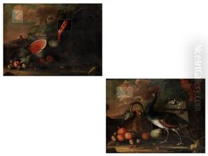 Fruchtestilleben Mit Einem Truthahn; Fruchte Und Fruchtekorb Neben Einem Pfau (pair) by Angelo Maria (Crivellone) Crivelli