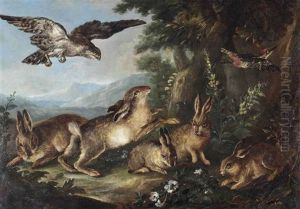 A Wooded Landscape With Hares And A Woodpecker Surprised By A Falcon