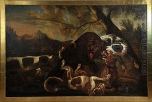 Barenjagd Mit Angreifenden Hunden, Im Hintergrund Jager Vor Burg In Felsiger Landschaft by Angelo Maria (Crivellone) Crivelli