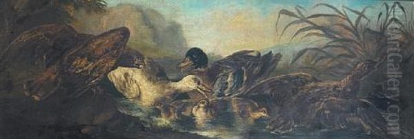 A Fox Startling Cockerels In A River Landscape (+ A Mallard And Other Ducks Amongst Reeds, With An Eagle Looking On; Pair) - view 1