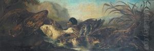A Fox Startling Cockerels In A River Landscape (+ A Mallard And Other Ducks Amongst Reeds, With An Eagle Looking On; Pair)