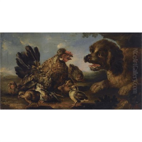 A Young Dog Barking At A Hen With Her Chicks - view 1