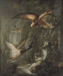 A Hawk Attacking Ducks In Reeds by Angelo Maria (Crivellone) Crivelli