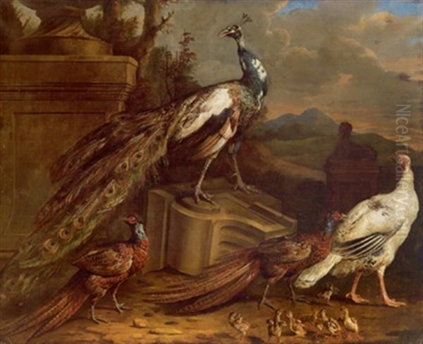 Ein Pfauenpaar Und Zwei Fasane Mit Kuken Zwischen Ruinen Und Einer Steinernen Sphinx In Einer Gebirgigen Landschaft, Due Pavoni E Due Fagiani Con Pulcini Tra Antichi Ruderi E Un - view 1