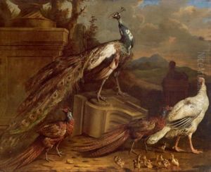 Ein Pfauenpaar Und Zwei Fasane Mit Kuken Zwischen Ruinen Und Einer Steinernen Sphinx In Einer Gebirgigen Landschaft, Due Pavoni E Due Fagiani Con Pulcini Tra Antichi Ruderi E Un
