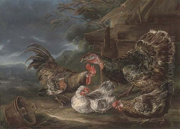 A Turkey, A Cockeral, A Chicken And A Hen In A Landscape - view 1