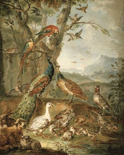 A Peacock And Peahen, Parrots And Other Fowl With Goats In A Landscape - view 1