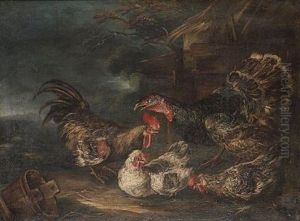 A Turkey, Cockerel And Two Hens In A Yard by Angelo Maria (Crivellone) Crivelli