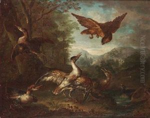 A Spaniel Flushing Duck (+ A Hawk With Other Birds In A Landscape; Pair)
