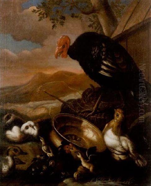 A Turkey And Other Fowl With Guinea Pigs In A Farmyard With A Mountainous Landscape Beyond - view 1