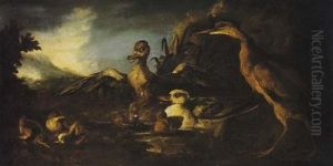 Heron Et Canards Dans Un Paysage Lacustre