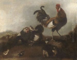 A Chicken, Cockerel And Chicks In A Landscape, The Prodigal Son Working With The Swine Beyond