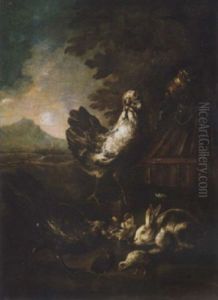 A Cockerel, A Hen, Chicks And An Owl In A Landscape