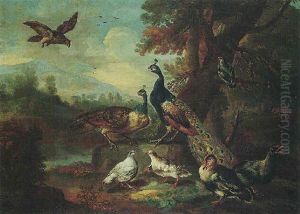 An Autumnal Landscape With A Falcon, Two Peacocks, And Other Poultry