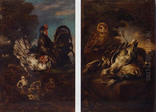 A Cockerel And Hens In A Landscape - view 1