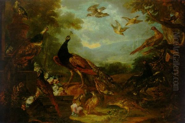 Peacocks, Pheasants, Partridges And Other Birds By A Plinth - view 1