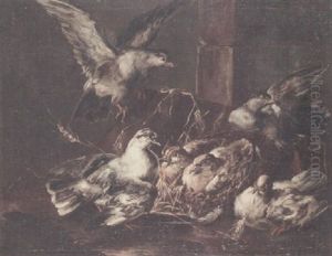 Pigeons Gathered Around A Nest In A Barn Interior by Angelo Maria (Crivellone) Crivelli
