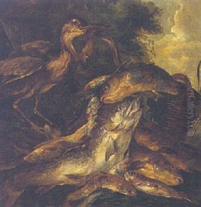 Still Life Of Various Fish And A Heron, In A Landscape