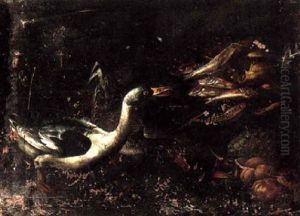 A Still Life Of Fish, Duck, Peaches, Apples And Grapes by Angelo Maria (Crivellone) Crivelli