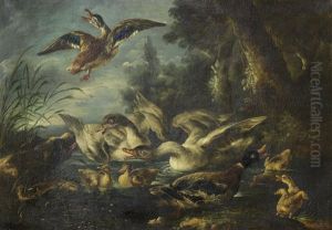 A Peacock, Parrot And Other Birds With Guinea Pigs In A Landscape; And A Hound Flushing Duck From A River (2) by Giovanni (Crivellino) Crivelli