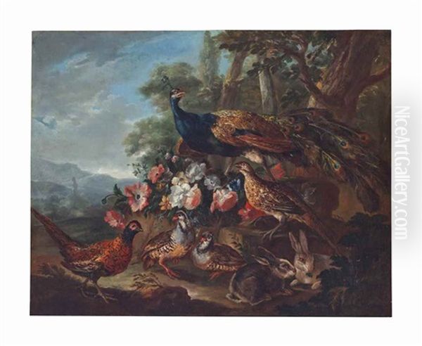 A Peacock, Pheasants And Rabbits In A Wooded Parkland Landscape - view 1