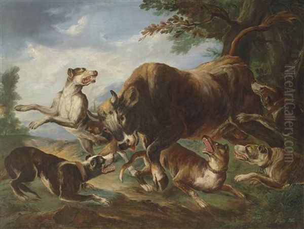 A Charging Bull Attacked By Hounds, In A Landscape - view 1