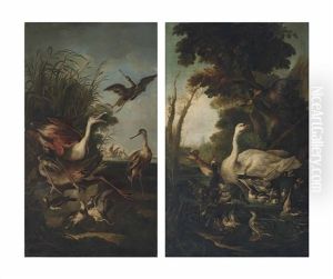 Flamingos, Lapwings And Other Waterfowl On The Bank Of A Lake; A Swan, Mallard Ducks With Ducklings, A Grebe And Other Waterfowl On A Pond In A Wooded Landscape