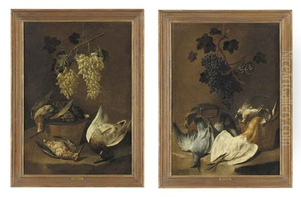 Duck And Woodcock In A Basket On A Stone Ledge, With White Grapes (+ A Squacco Heron And Pigeons, Quails In A Basket, With A Game Bag, On A Stone Ledge, Grapes Above; 2 Works) - view 1