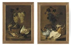 Duck And Woodcock In A Basket On A Stone Ledge, With White Grapes (+ A Squacco Heron And Pigeons, Quails In A Basket, With A Game Bag, On A Stone Ledge, Grapes Above; 2 Works) by Giovanni (Crivellino) Crivelli