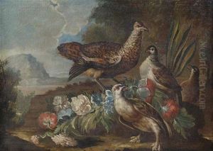 Wildgeflugel Mit Einer Blumengirlande Vor Landschaftshintergrund Wildgeflugel Mit Einer Blumengirlande Vor Landschaftshintergrund