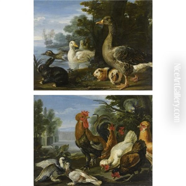 Galli, Colombe E Un Pappagallo (+ Papere, Porcellini D'india E Un Coniglio Presso Un Lago; Pair) - view 1