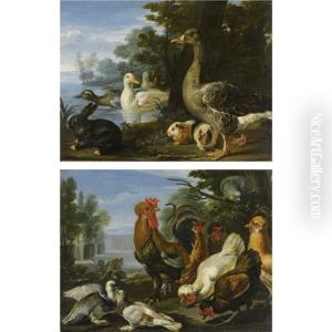 Galli, Colombe E Un Pappagallo (+ Papere, Porcellini D'india E Un Coniglio Presso Un Lago; Pair)